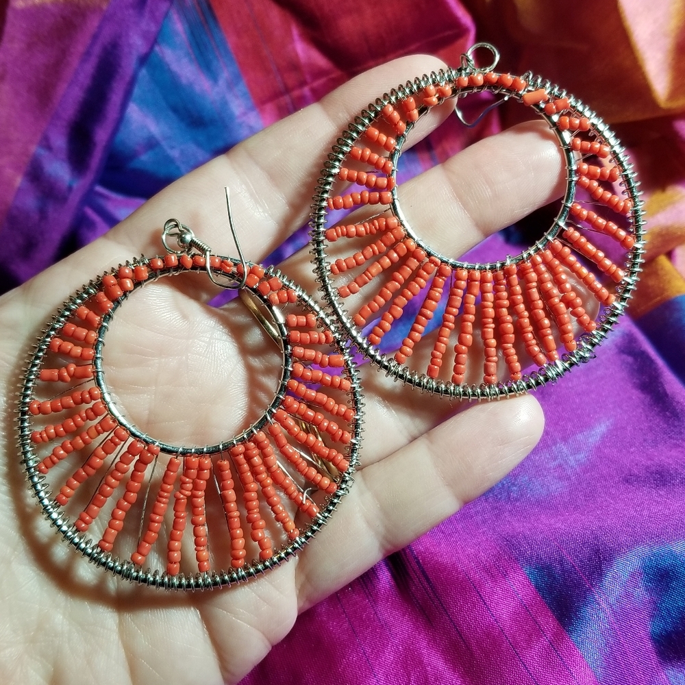 Beaded hoop earrings red silver tone large seed bead big statement boho